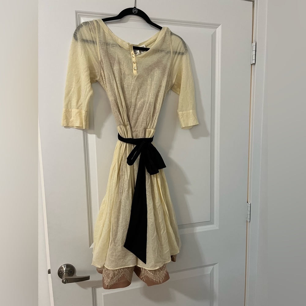 Cream Button-Front Dress with Black Sash